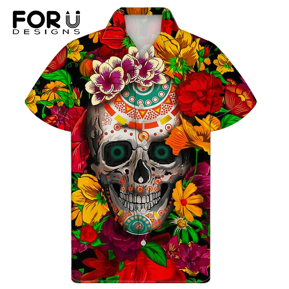 FORUDESIGNS/мужские рубашки с коротким рукавом череп цветочным принтом повседневные