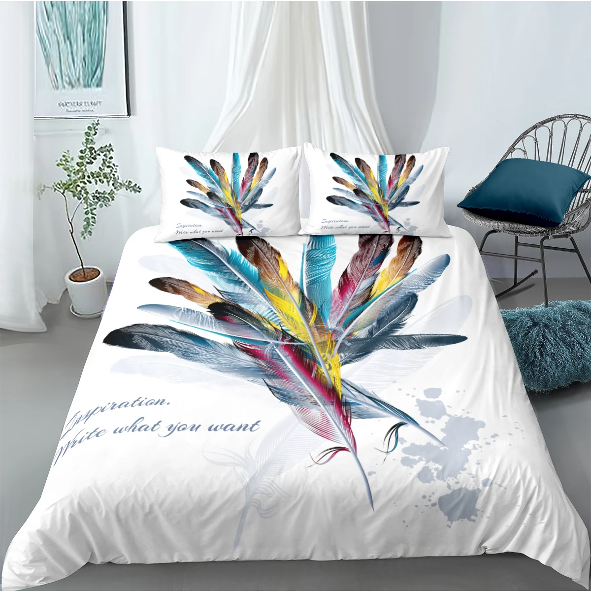 

3D White Bedding Set Feather Duvet Cover Sets Modern Bed Linens Pillow Sham King Queen Super King Twin Double Size 180*210cm