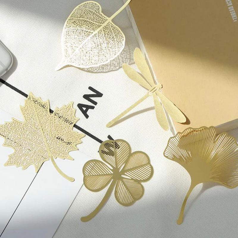 1 Pcs Hollow Gold Leaves Veined Brass Ginkgo Dragonfly Parasol Bodhi Leaf Metal Bookmark Book Marker Stationery Gifts | Канцтовары для
