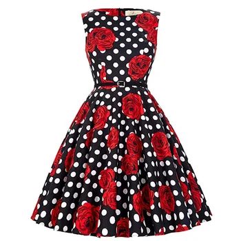 

50s Retro Dress red Floral Print Vintage Swing Women Sleeveless Belt Wear Gala Prom Pinup 60s Rockabilly Dresses