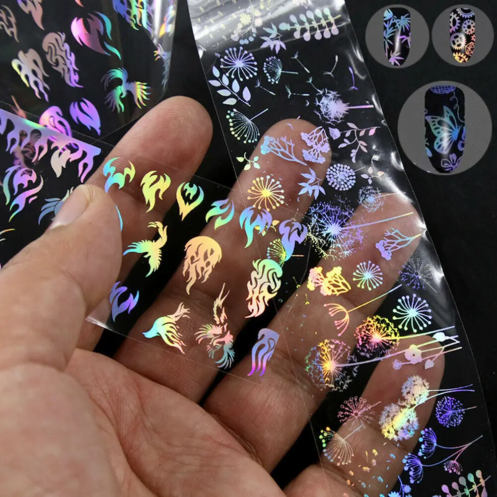 

4*100cm Laser Glitter Nail Sticker Holographic Flame Flower Nail Art Decorations Wraps 3D DIY Water Transfer Decals Foils