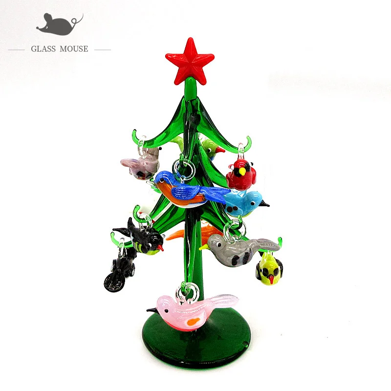 

Custom Hand made 15cm small Murano Glass Christmas tree Figurines ornament home decoration 12pcs bird accessories Pendant Gift