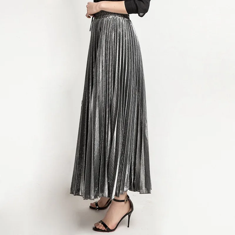 Женская плиссированная юбка с металлическим блеском длинная золотистая высокой