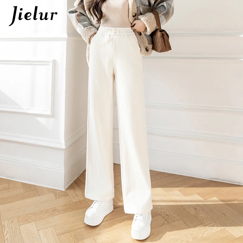 

Jielur Solid Color Corduroy High Waist Wide-leg Trousers Buttons Black Women Pants New Winter Pocket Straight Apricot Pants S-XL