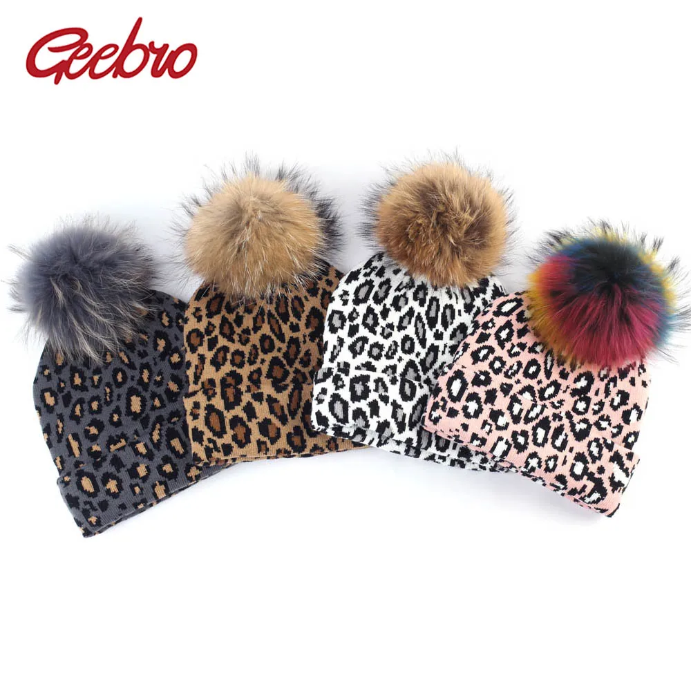 

Geebro Women Leopard Soft Elastic New Beanies With Raccoon Fur Pompom Hat Femme Winter Warm Leopard Slouchy Skullies Caps Bonnet