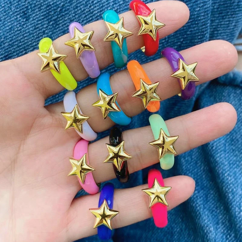 10Pcs Color Neon Enamel Brass Wide Engagement Band Finger Ring,Gold Star In The Middle Design Open Size Finger Rings For Women
10Pcs Color Neon Enamel Brass Wide Engagement Band Finger Ring,Gold Star In The Middle Design Open Size Finger Rings For Women