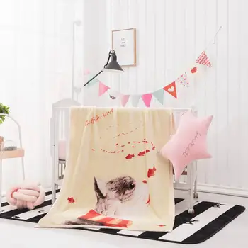 

Papa&Mima Cat Fish Beige Print Double-side Nap Thin Summer Coral Fleece Blankets Throws Plaids Microfiber Polyester Bedsheet