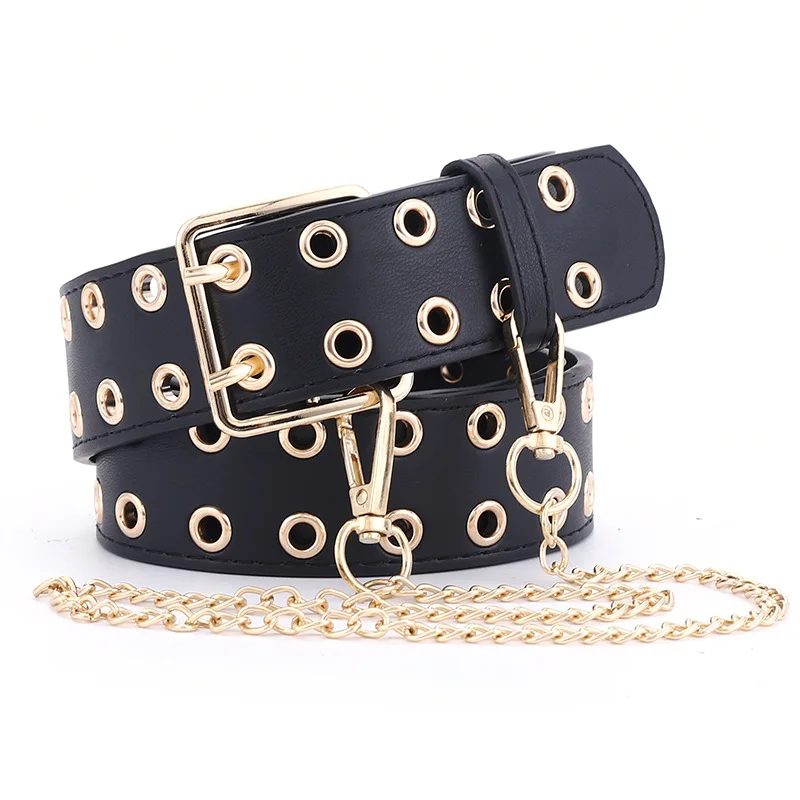 Punk Fashion PU Leather Belt With chain Golden double row holes Pin Buckle Waist Belts Jeans Trousers Women Men Waistband
Punk Fashion PU Leather Belt With chain Golden double row holes Pin Buckle Waist Belts Jeans Trousers Women Men Waistband