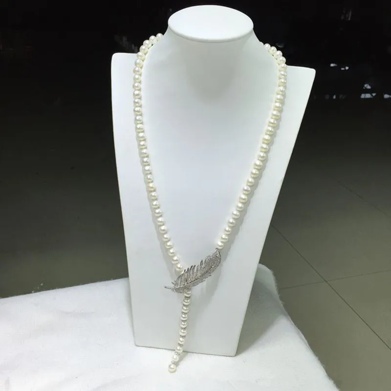 

Hand knotted Luxury female 65-70cm long feather accessories 8-9mm white freshwater pearl necklace sweater chain