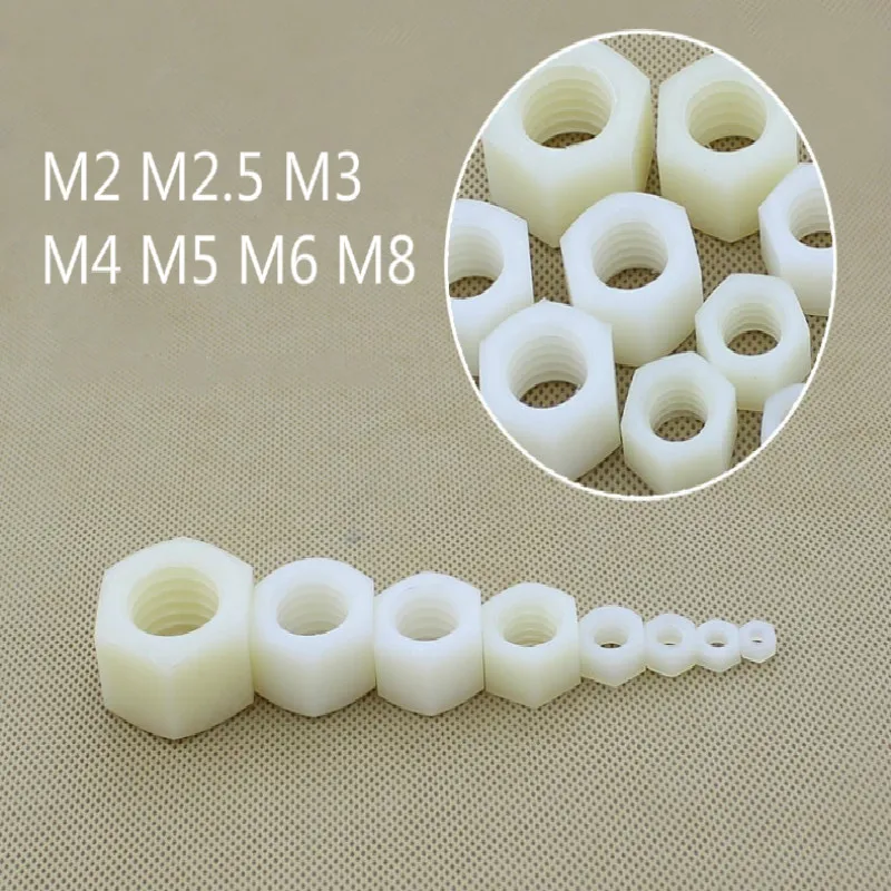 Белая нейлоновая Шестигранная гайка M2 M2.5 M3 M4 M5 M6 M8 50 шт. пластиковые гайки |