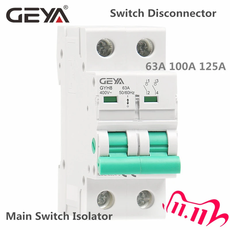 GEYA GYH8 Din Rail 2Pole Main Switch Function Disconnector Switch Isolator Circuit Breaker 400VAC DP Breaker
GEYA GYH8 Din Rail 2Pole Main Switch Function Disconnector Switch Isolator Circuit Breaker 400VAC DP Breaker