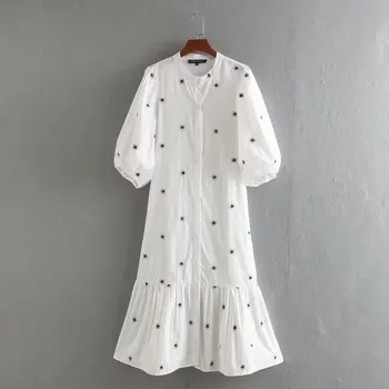 2020 Women Vintage Lantern Sleeve Flower Embroidery Midi Shirtdress Female Hem Pleats Vestidos Chic Casual Loose Dresses 
2020 Women Vintage Lantern Sleeve Flower Embroidery Midi Shirtdress Female Hem Pleats Vestidos Chic Casual Loose Dresses