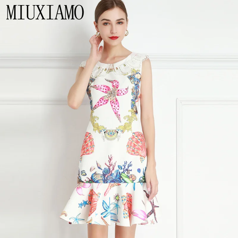 

MIUXIMAO 2021 Spring Summer O-Neck Starfish Shells Print Diamonds Sleeveless Elegant Casual Midi Trumpet Dress Women Vestidos