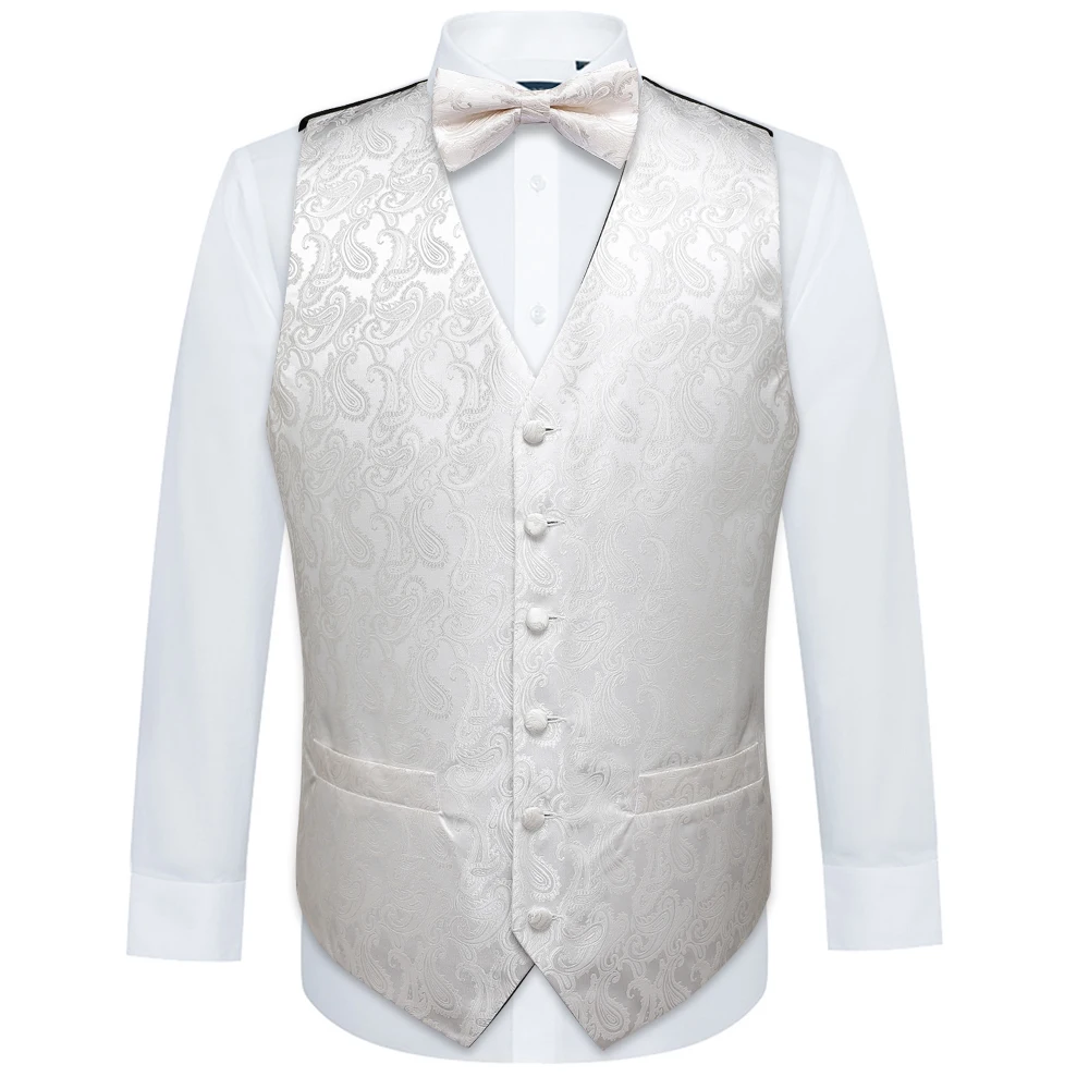 Белый Folral костюм жилетки мужские Шелковый жилет классический платок бабочка