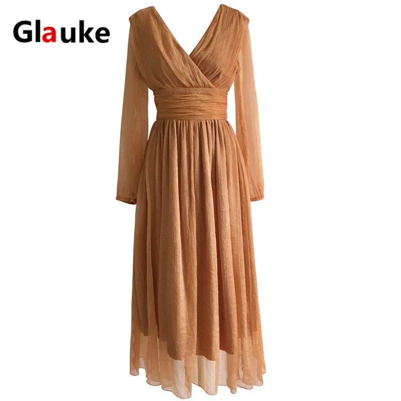 Фото Женское длинное платье с v образным вырезом GLAUKE однотонное макси - купить