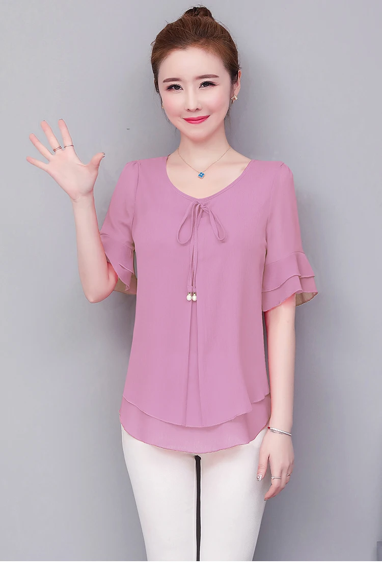 Women Blouses Solid 2020 Summer New Short- Sleeve V-Neck Lace up Shirt Female Chiffon Womens Plus Size Tops Slim Clothing NS4544 Women Blouses Solid 2020 Summer New Short- Sleeve V-Neck Lace up Shirt Female Chiffon Womens Plus Size Tops Slim Clothing NS4544