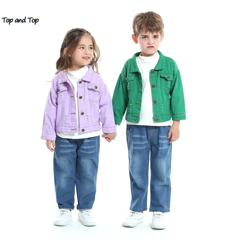 

top and top Fashion Kids Girls Casual Breaken Denim Jacket Children boys Trench Coat Toddler Holes Outerwear Cowboy Clothing