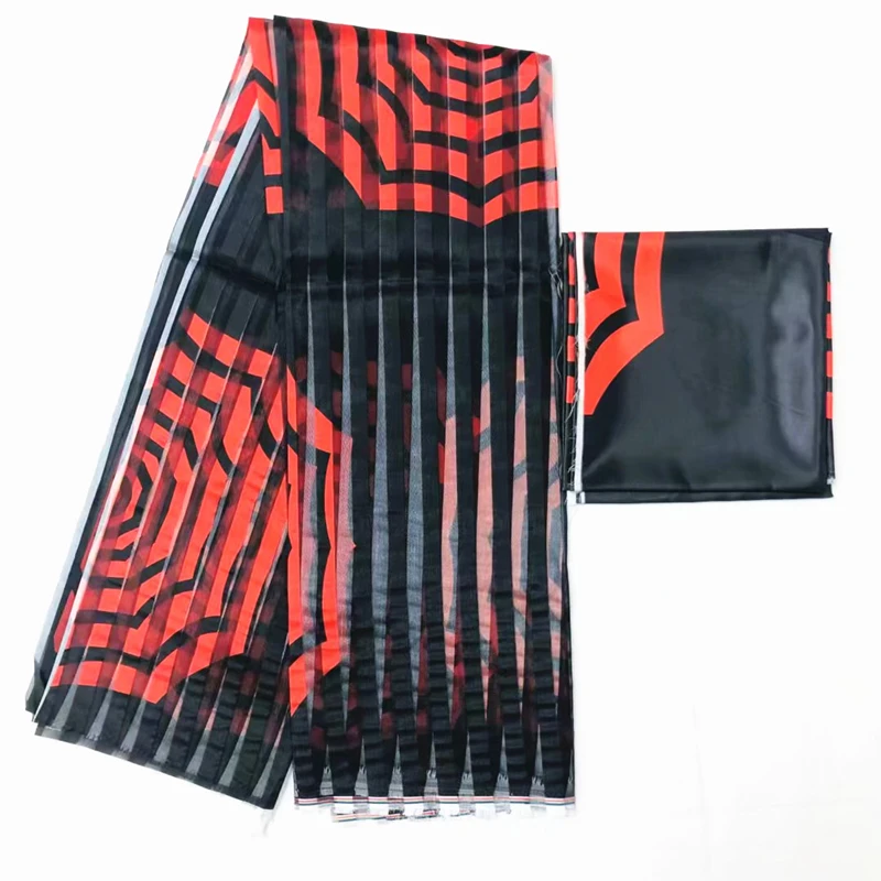 Африканская ткань цифровая печать шелковая органза черная и красная атласная