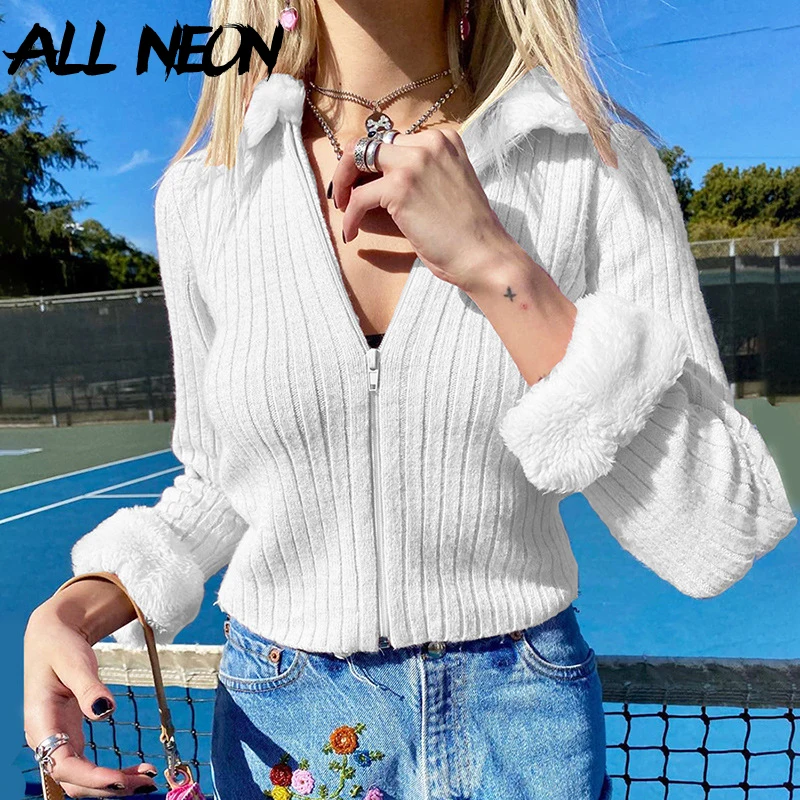 ALLNeon E-girl винтажные трикотажные кардиганы на молнии с искусственным мехом в стиле