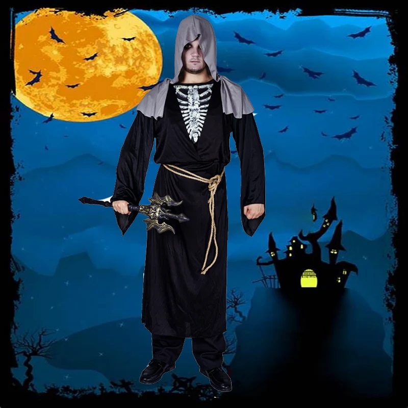 

Men Grim Reaper Costume Cosplay Scary Skeleton Clothing Dress Up Adult Halloween Party Purim Costumes