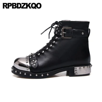 

big size 10 rivet chunky women ankle boots 2019 round toe metal short black shoes luxury booties block embellished stud studded