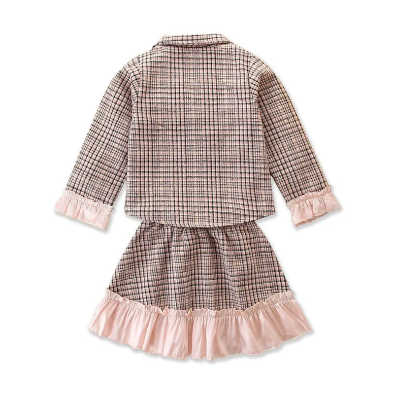 

WIEIXNBUY Spring Autumn Children Girl Clothing Set Fashion Houndstooth Fragrance Coat Lace Hem Skirt Two Pieces Sets
