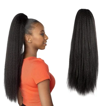 

Long Straight Kinky Ponytail Hair Extension 24 Inch afro puff Heat Resistant Wrap Around Yaki Ponytail for Black Women