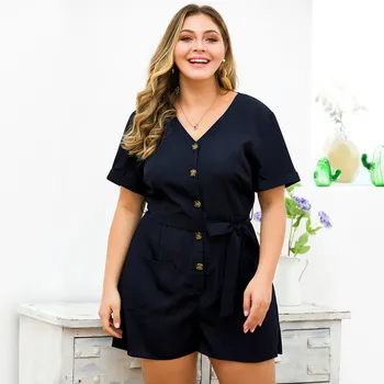 Summer Bodysuits Women's Playsuits Plus Size V-neck Short Sleeve Belt Short Overalls Jumpsuit Casual Bodysuit Button Wide-leg 
Summer Bodysuits Women's Playsuits Plus Size V-neck Short Sleeve Belt Short Overalls Jumpsuit Casual Bodysuit Button Wide-leg