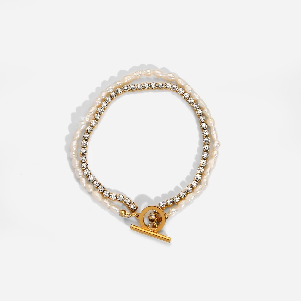 

2022 Gold Plated Stainless Steel Freshwater Pearl Zircon Bracelets For Women Girl Trendy Double Chain Bracelet Jewelry Best Gift
