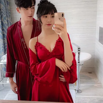 Wedding Newlywed Couple Pajamas Women Sling Nightdress Embroidered Nightgown Two-piece Homewear Men Nightgown 
Wedding Newlywed Couple Pajamas Women Sling Nightdress Embroidered Nightgown Two-piece Homewear Men Nightgown