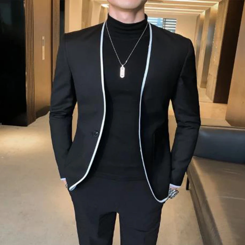 Black Casual Men Suits with Round Collar 2 Piece Blazer with Pants Slim Fit Wedding Tuxedo for Groomsmen Male Fashion Clothes
Black Casual Men Suits with Round Collar 2 Piece Blazer with Pants Slim Fit Wedding Tuxedo for Groomsmen Male Fashion Clothes