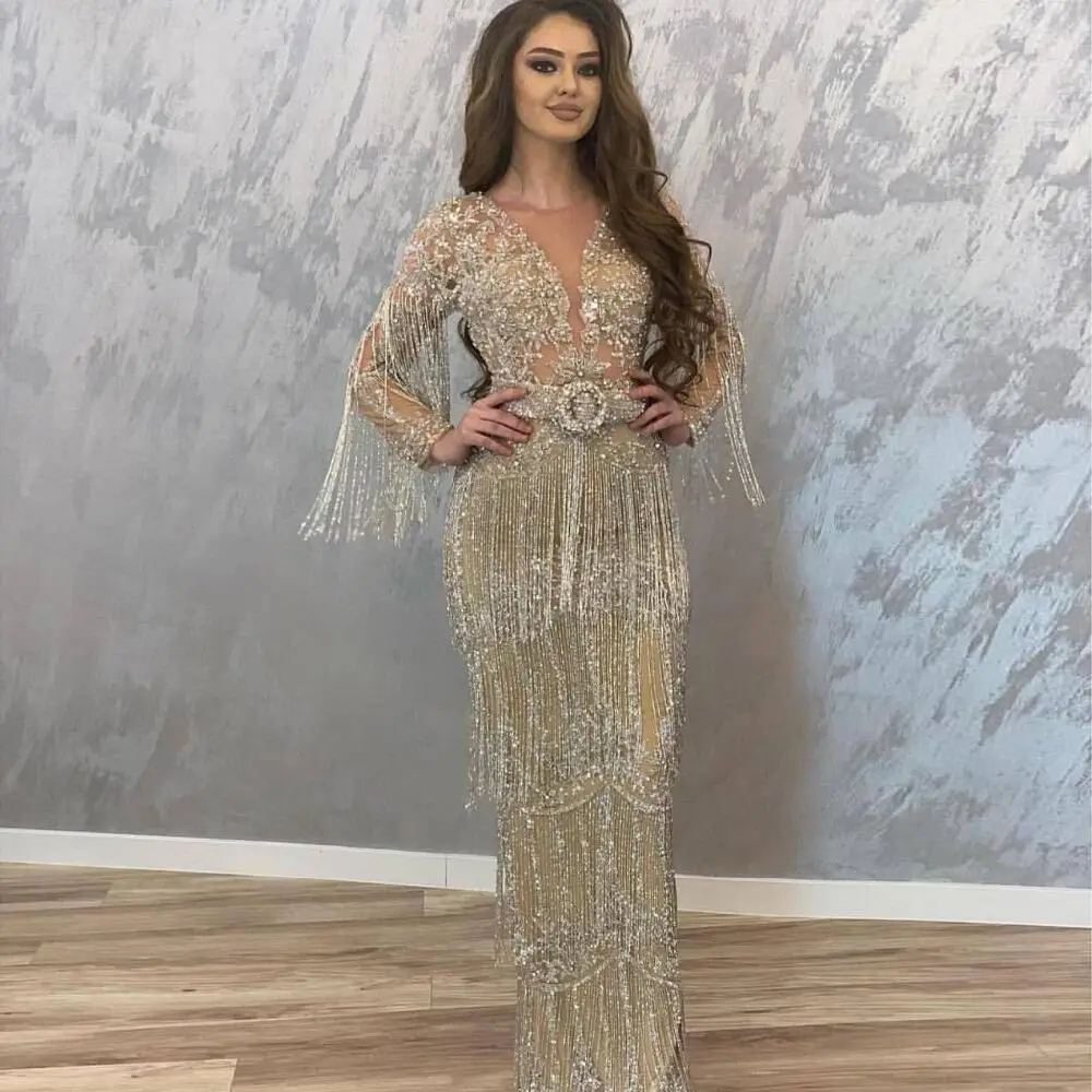 Luxury Beads Crytals Evening Dresses Custom Made Sexy See Thru V Neck Prom Dress Long Sleeves Tassel Formal Party Gown With Belt
Luxury Beads Crytals Evening Dresses Custom Made Sexy See Thru V Neck Prom Dress Long Sleeves Tassel Formal Party Gown With Belt