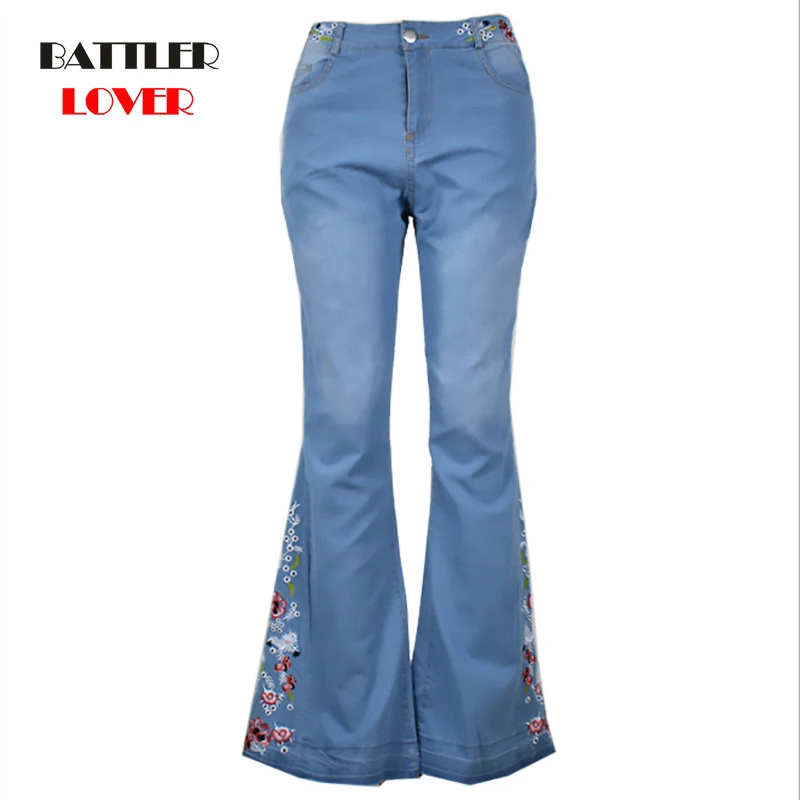 Women Flowers Embroidery Stretching Flare Jeans Trousers for Female Bell-Bottoms Wide Leg Denim Pant Femme Plus Size