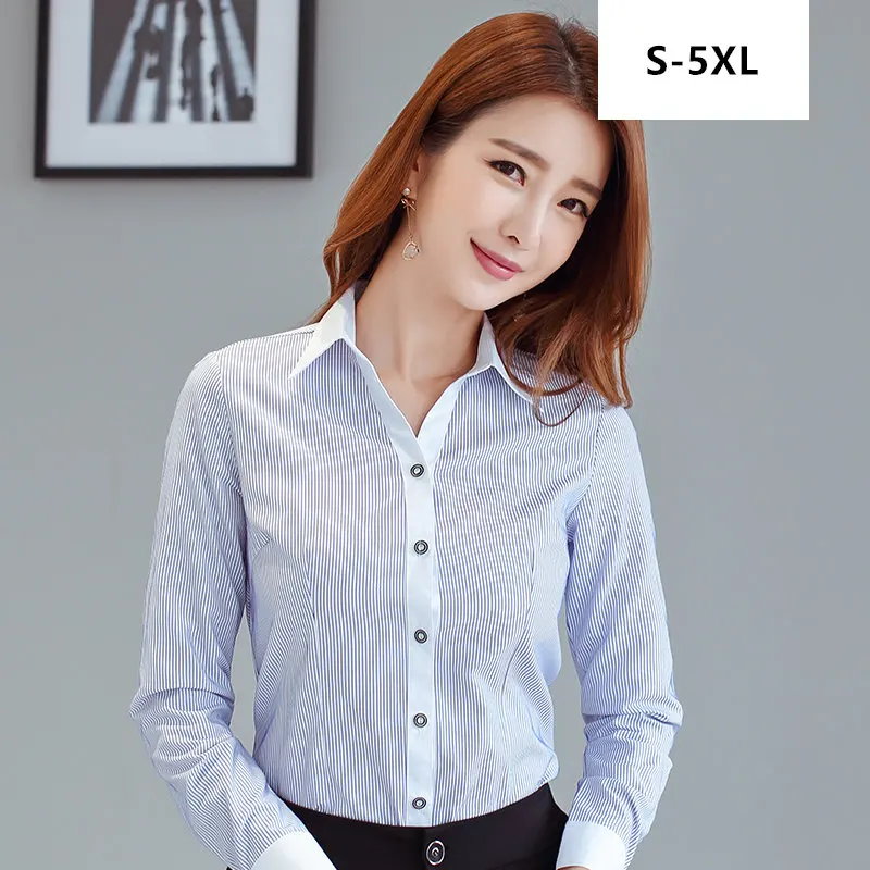 Фото Женские блузки в полоску с длинным рукавом размера плюс топы Mujer офисные женские