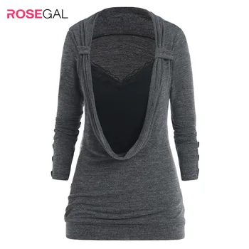 

ROSEGAL 2019 Women Plus Size T-shirt Solid Lace Panel Button Embellished Heathered Faux Twinset T-shirt long-sleeved tops 5X