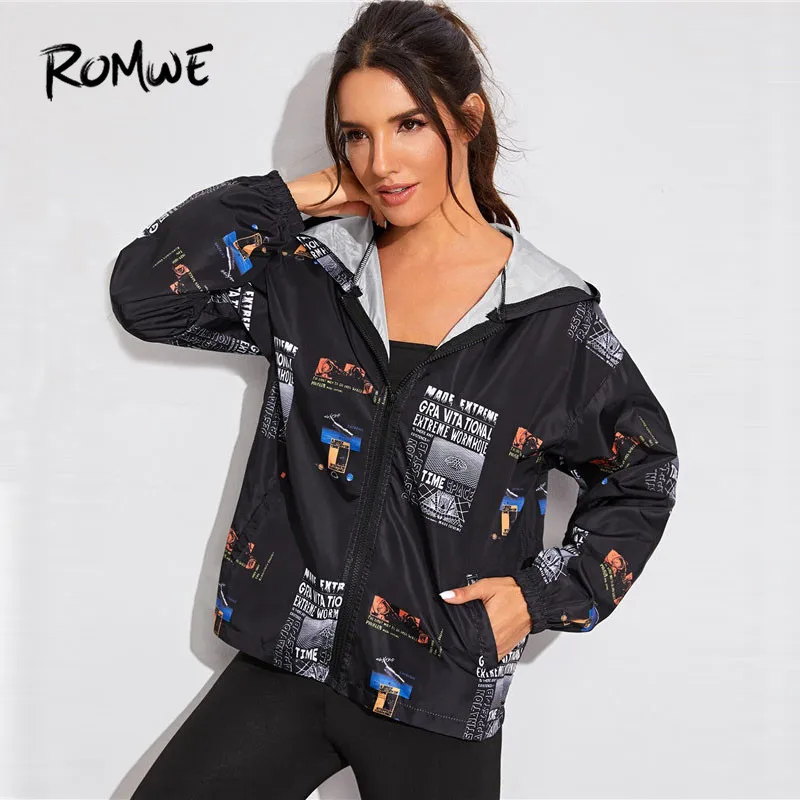

Romwe Sporty Letter Print Zip-Up Hooded Fall Jacket Women Fitness Casual Long Sleeve Black Windbreaker Coat 2019 Ladies Clothing