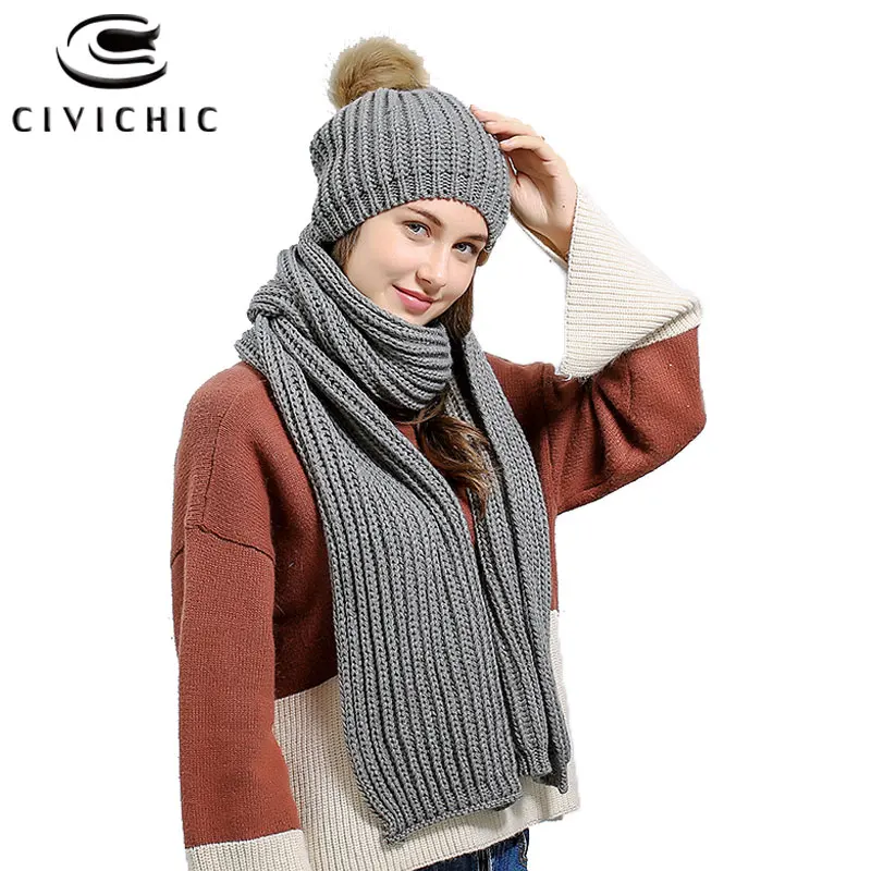 CIVICHIC Women Autumn Winter Knit Hat Scarf 2 PCS Warm Set Pompon Beanies Skullies Crochet Cap Thick Headwear Casual Shawl SH143 |