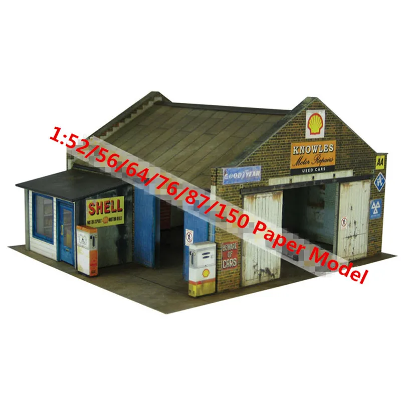 

1:87/76/56/64/52/150 Scale Auto Repair Station Paper Model Train Shop Sand Table Model for Paper DIY