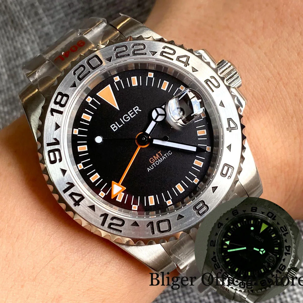 

BLIGER Popular Black Dial Selfwinding GMT Watch Men Orange Index Slide Clasp Brushed Steel Steel Band Date Magnifier Sapphire