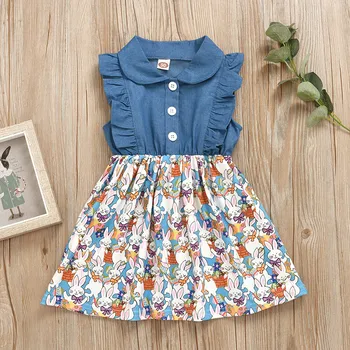 Summer Jean Dress Girls Easter Clothes Ruffle Sleeve Princess Children Dresses Rabbit Printed Girls Summer Clothes Kids Dresses