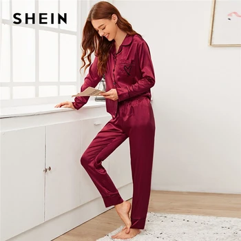 

SHEIN Burgundy Notched Collar Heart Embroidery Satin PJ Set Women Sleepwear Spring Long Sleeve Button Front Elegant Pajama Sets
