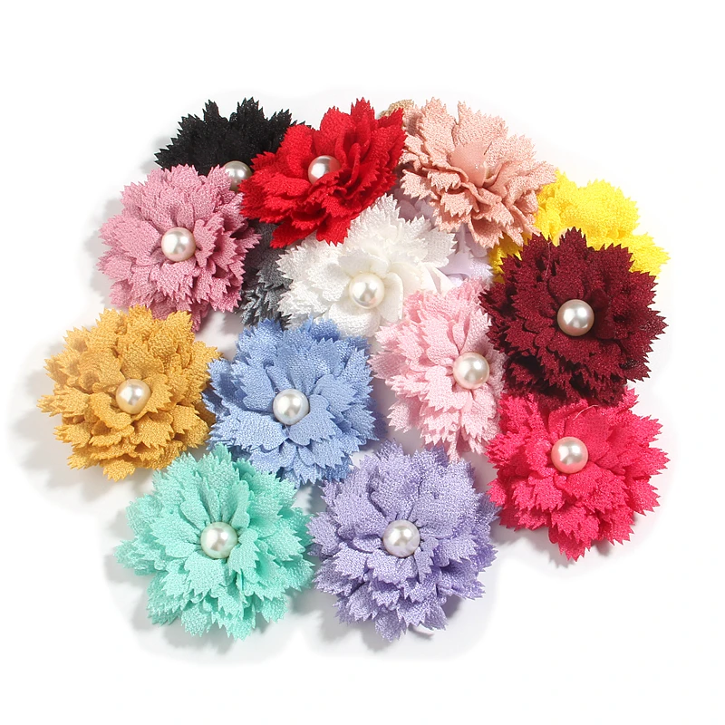 

60Pcs 7.5cm 3" Headwear Satin Fabric Flowers Boutique For Baby Girls Headbands With Pearl Center For Hair Accessories