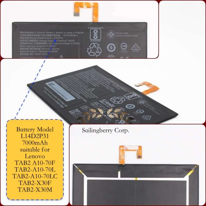Battery suitable for Lenovo-mobile Pad TAB2-A10-70F/TAB2-A10-70L/TAB2-A10-70LC/TAB2-X30F/TAB2-X30M with battery model L14D2P31
Battery suitable for Lenovo-mobile Pad TAB2-A10-70F/TAB2-A10-70L/TAB2-A10-70LC/TAB2-X30F/TAB2-X30M with battery model L14D2P31