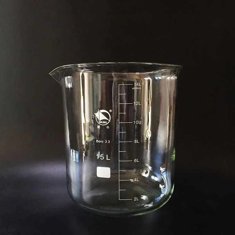 

Beaker in low form,Capacity 15000ml,Outer diameter about 270mm,Height about 330mm,Laboratory beaker