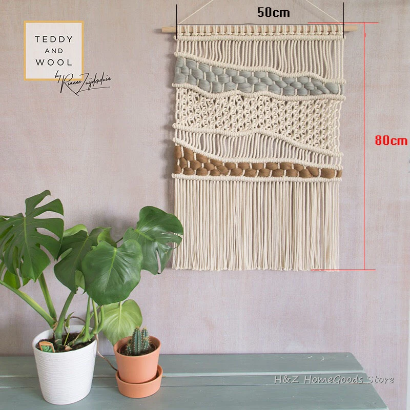 Hand-Woven Bohemian Color Macrame Wall Tapestry - Creamy White & Brown Art 1 H1218eab0a444476daa77633d45d7dcaeN