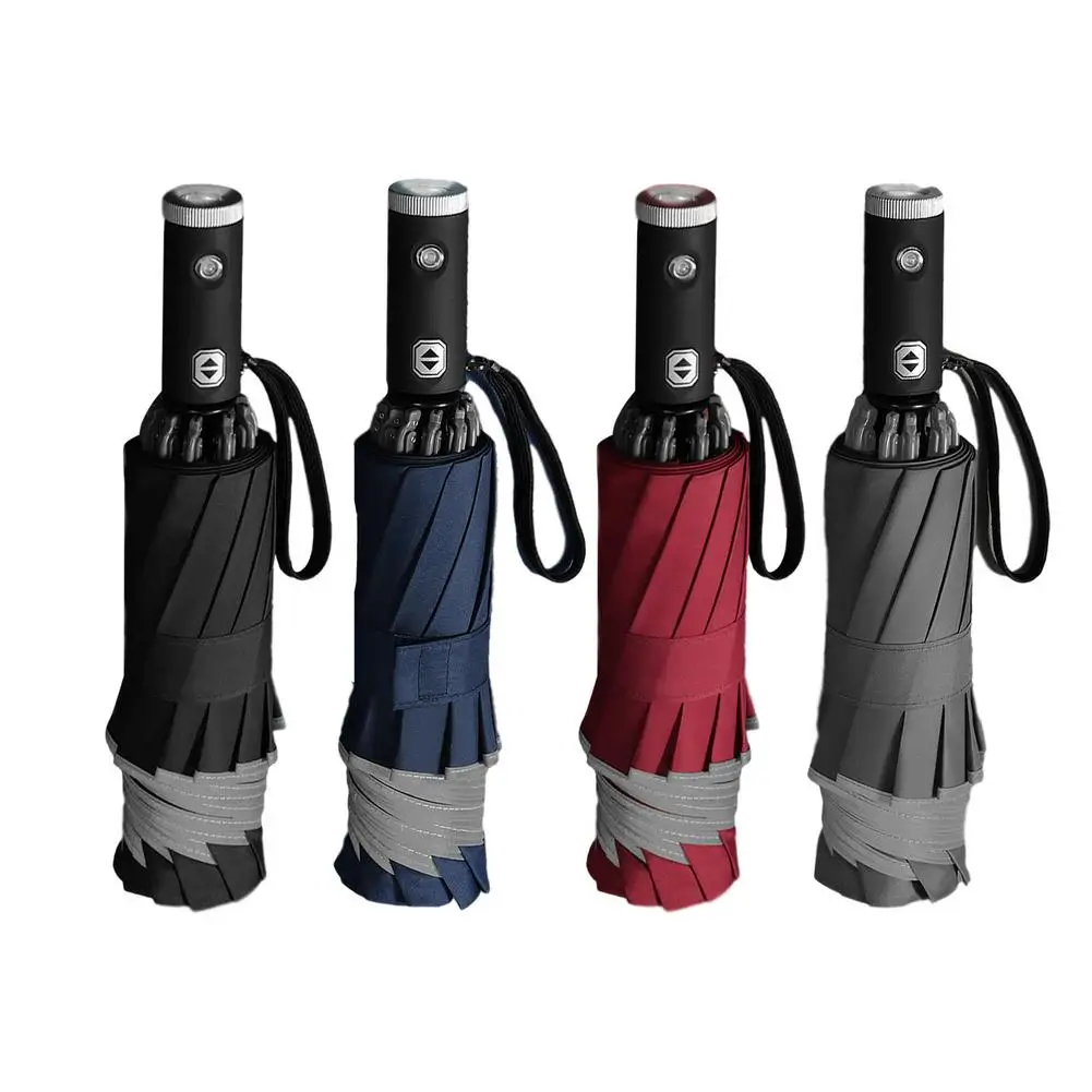 10-bone Automatic Reverse Folding Umbrella With LED Light Reflector Automatic Flashlight Tri-fold Windproof Car Businesumbrella
10-bone Automatic Reverse Folding Umbrella With LED Light Reflector Automatic Flashlight Tri-fold Windproof Car Businesumbrella