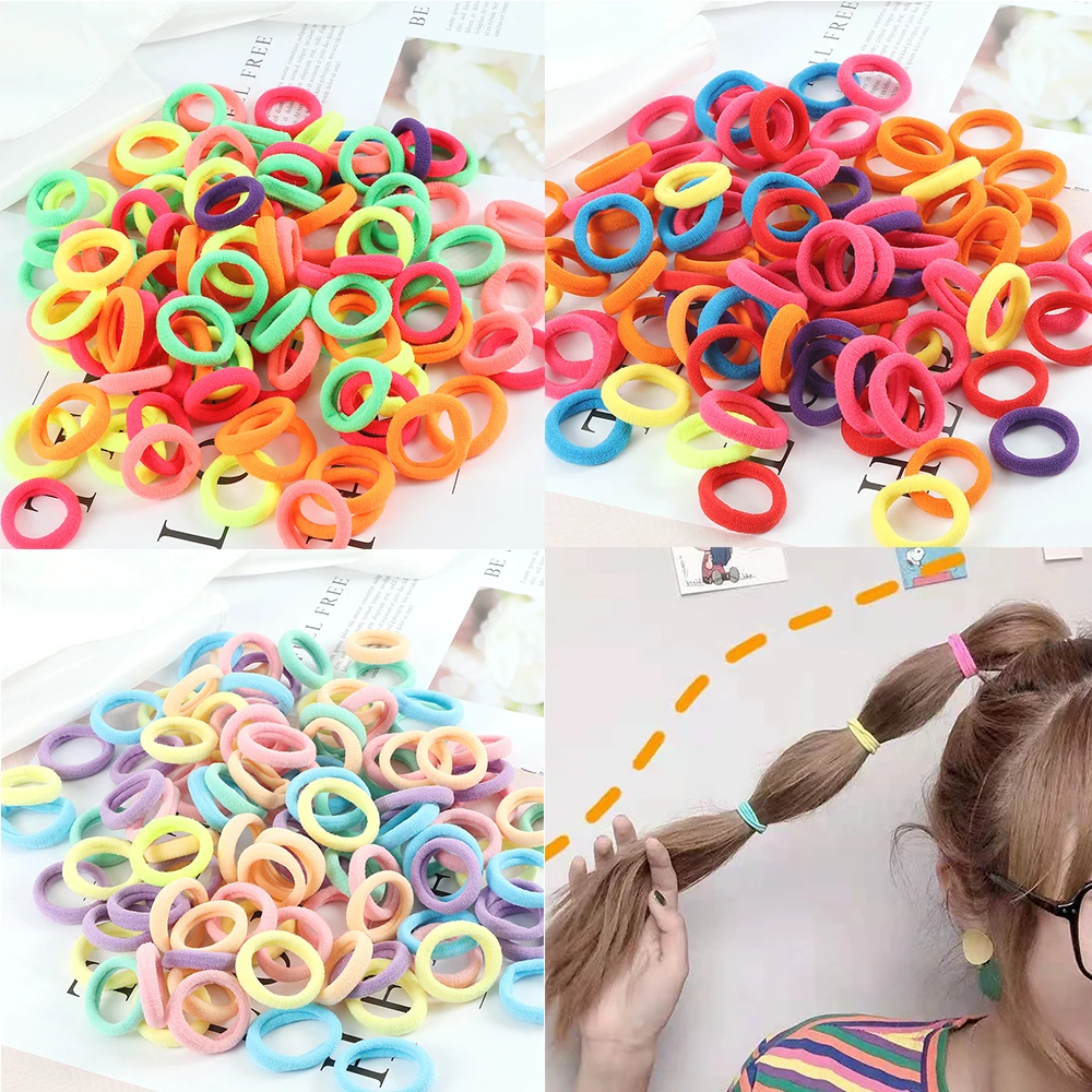 

100pcs/Set Rainbow Fluorescent Color Hair Rope Cute Kids Girls Colorful Nylon Small Elastic Hair Bands Ponytail Holder Scrunchie