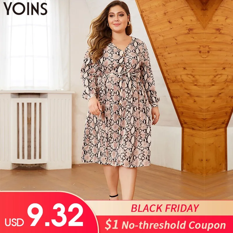 

YOINS Women Bohemian Plus Size Snakes Print Self-tie V Neck Dress 2019 Autumn Winter Vintage Midi Dresses Elegant Vestidos