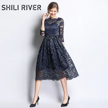 New spring summer lace dress for women a line slim casual elegant girl cute floral embroidery pleated long dress vintage blue 
New spring summer lace dress for women a line slim casual elegant girl cute floral embroidery pleated long dress vintage blue