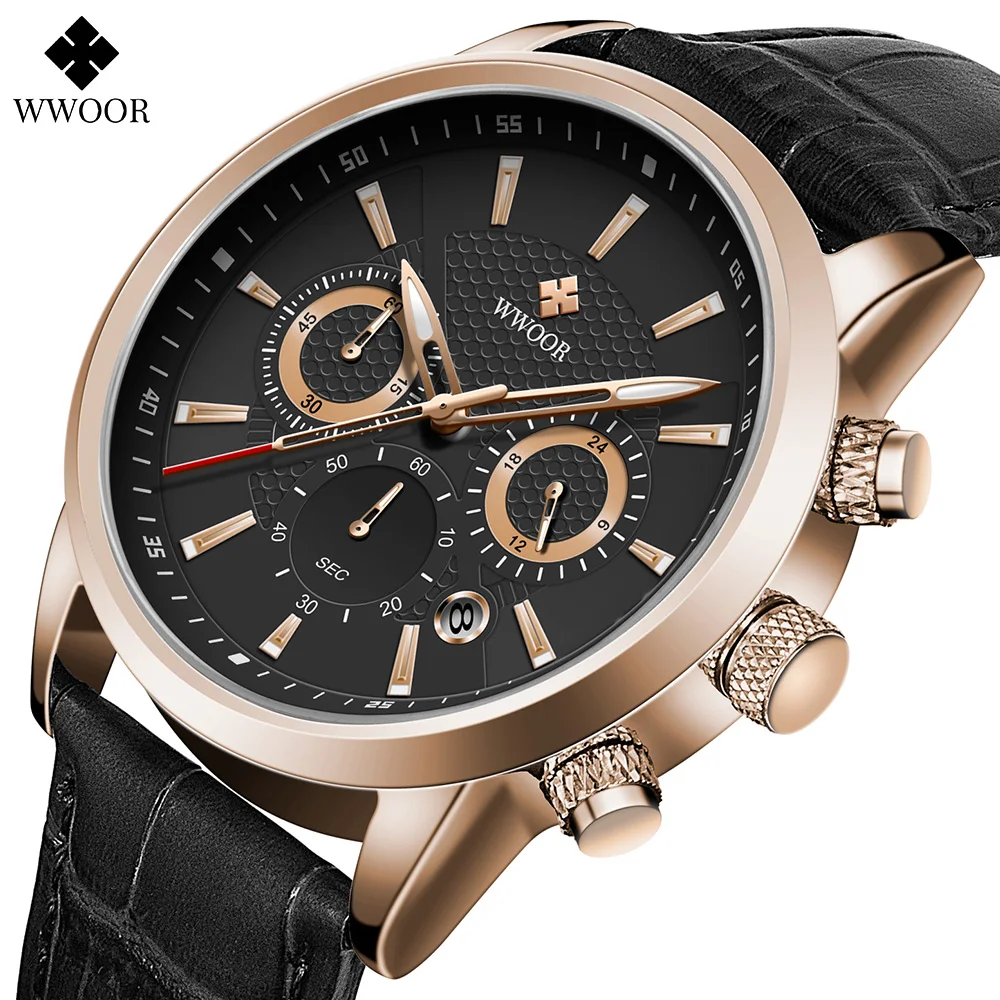 

2023 New WWOOR Watch Mens Sports Chronograph Quartz Wristwatches Luxury Leather Waterproof Date Clock with Box Relogio Masculino